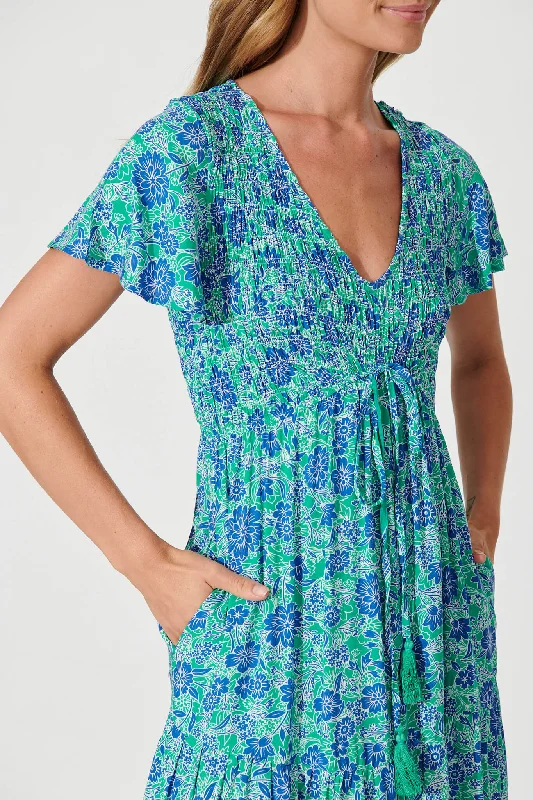 Soul Midi Dress In Blue And Green Border Print