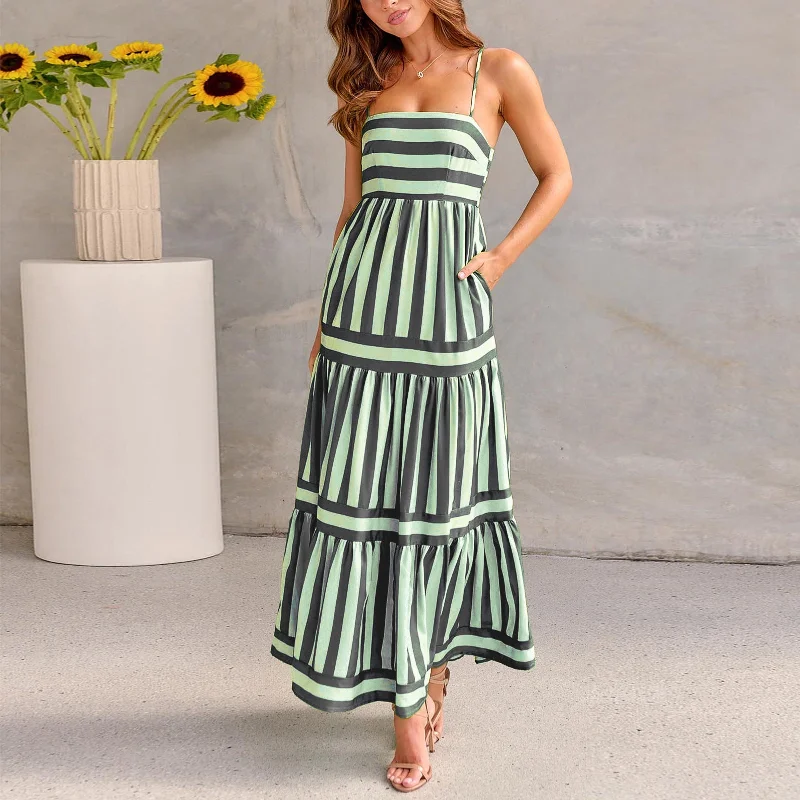 Summer Striped Printed Square Neck  Long  Backless Dress With Pockets