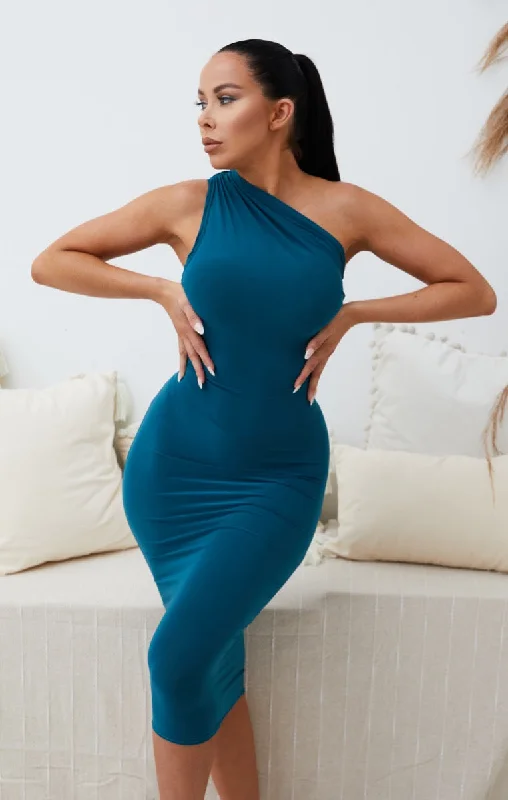 Teal One Shoulder Bodycon Midi Dress - Reva