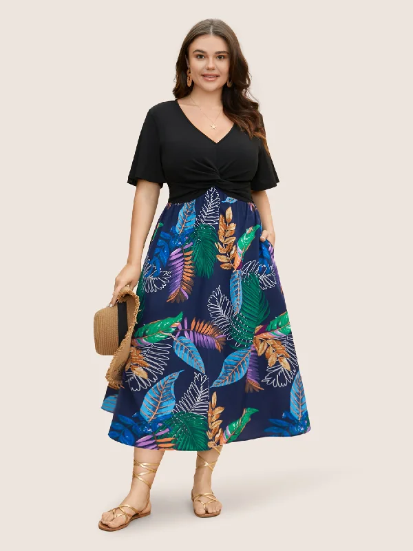 Tropical Print Patchwork Twist Front Dress