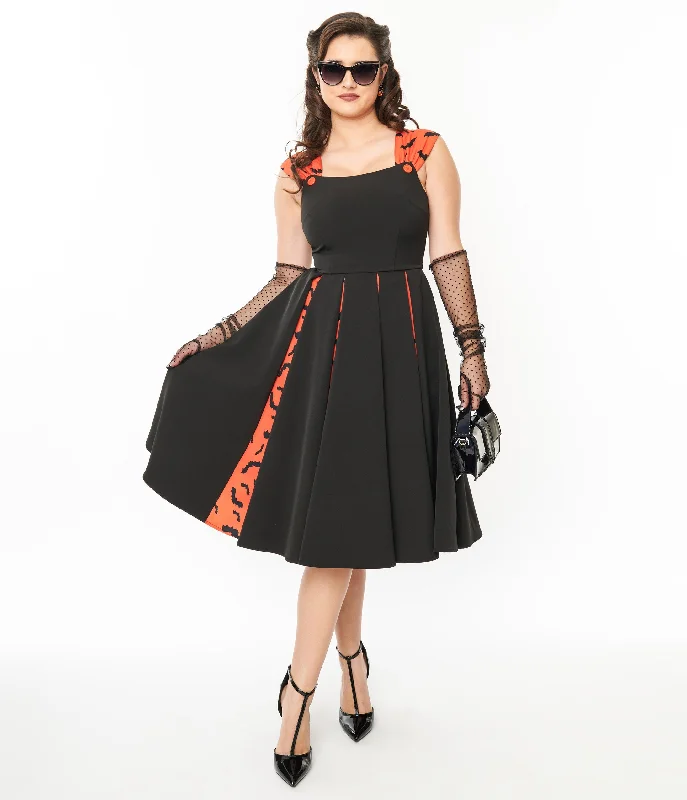 Unique Vintage 1950s Orange & Black Bat Stripe Swing Dress