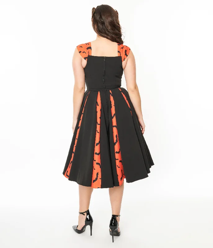 Unique Vintage 1950s Orange & Black Bat Stripe Swing Dress