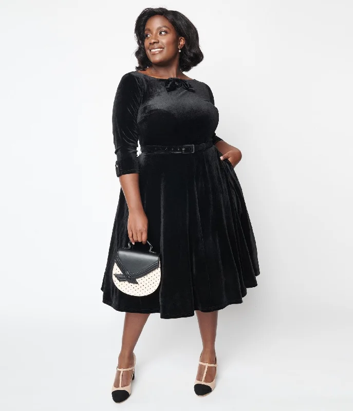 Unique Vintage Black Velvet Faux Bow Devon Swing Dress