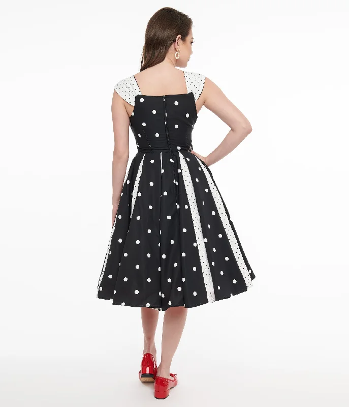 Unique Vintage Black & White Polka Dot Stripe Swing Dress