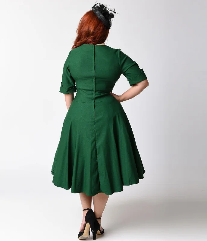 Unique Vintage Plus Size Emerald Green Delores Swing Dress with Sleeves