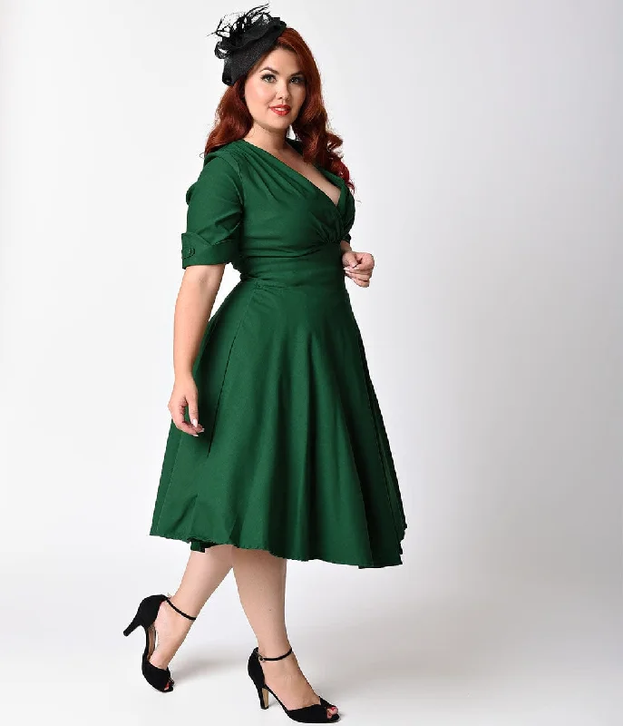 Unique Vintage Plus Size Emerald Green Delores Swing Dress with Sleeves