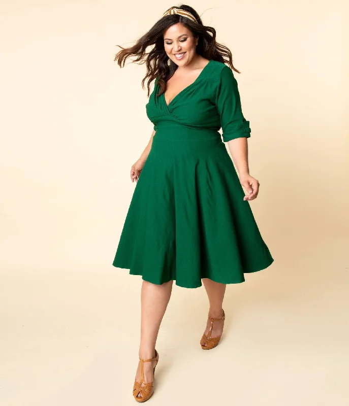 Unique Vintage Plus Size Emerald Green Delores Swing Dress with Sleeves