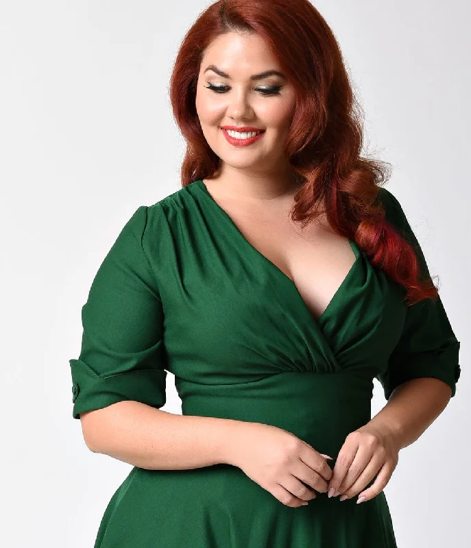 Unique Vintage Plus Size Emerald Green Delores Swing Dress with Sleeves