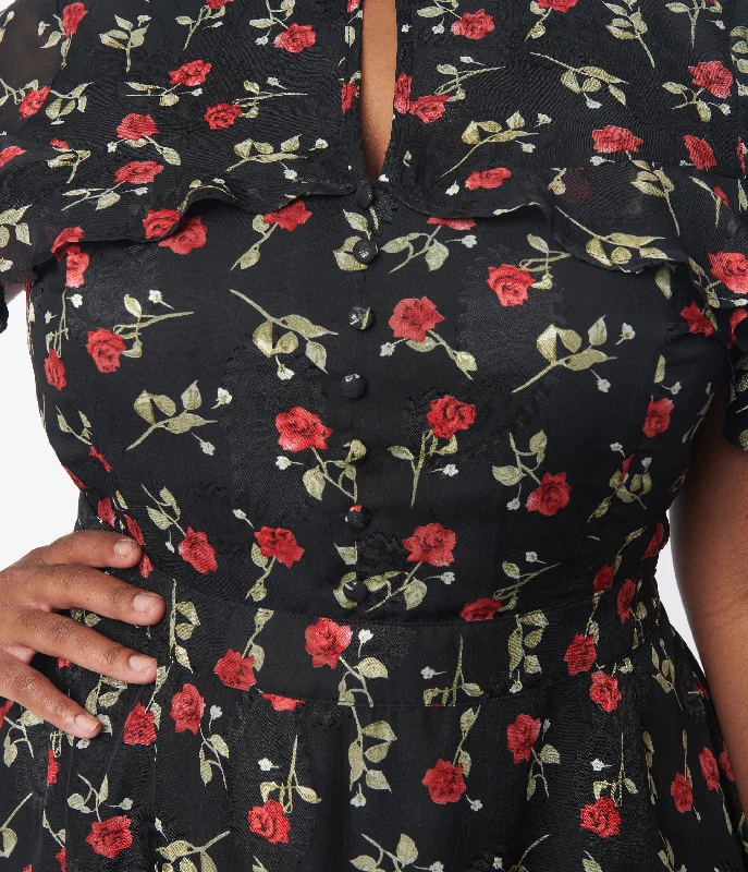 Unique Vintage Plus Size 1950s Black & Red Rose Capulet Fit & Flare Dress