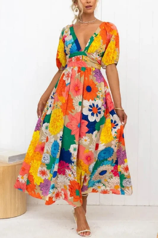 Floral Bliss V-neck Printed Dress w/ Puff Sleeve