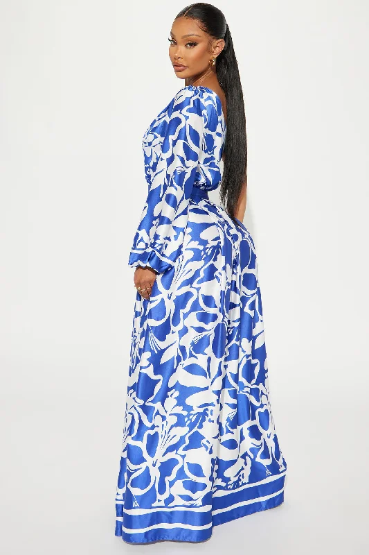 Vacation Destination Satin Maxi Dress - Blue/combo