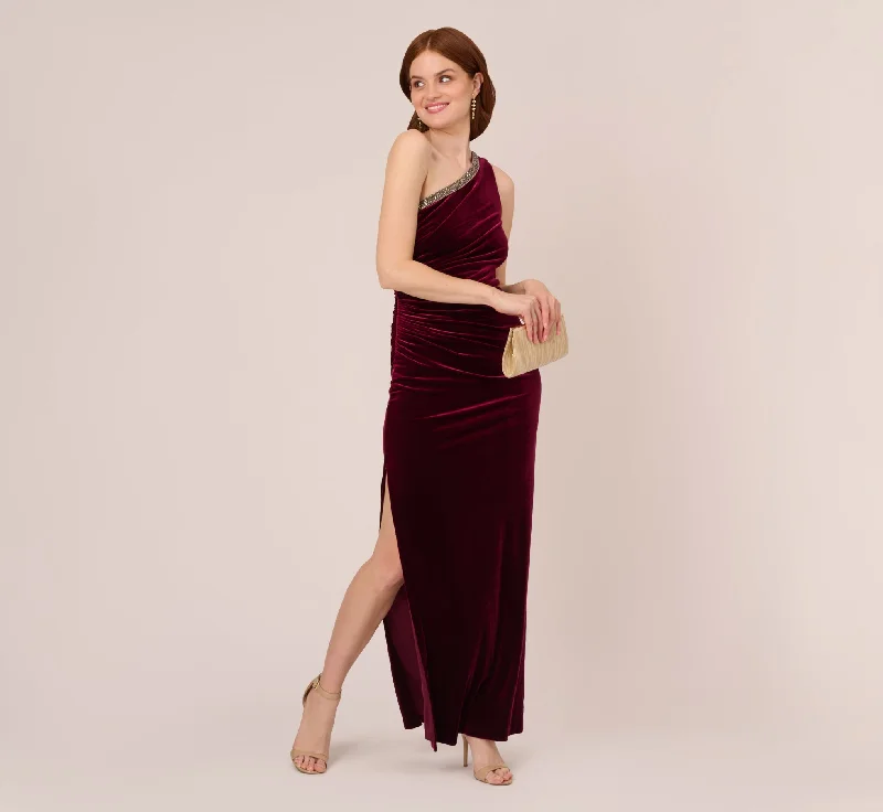 Velvet One Shoulder Gown With Beaded Neckline In Burgundy