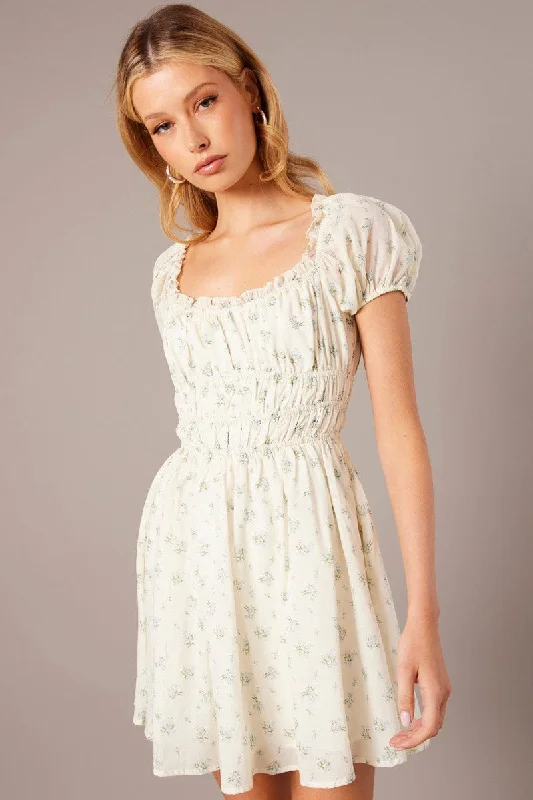 White Ditsy Fit And Flare Dress Puff Sleeve