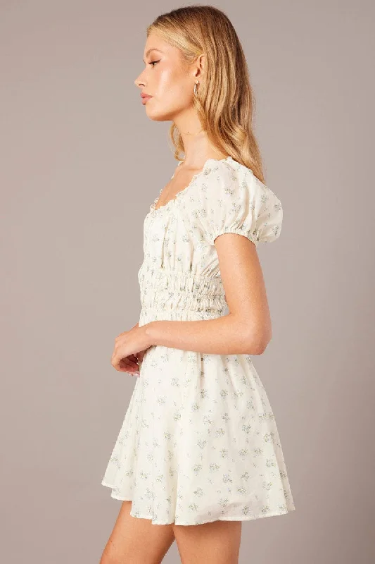 White Ditsy Fit And Flare Dress Puff Sleeve