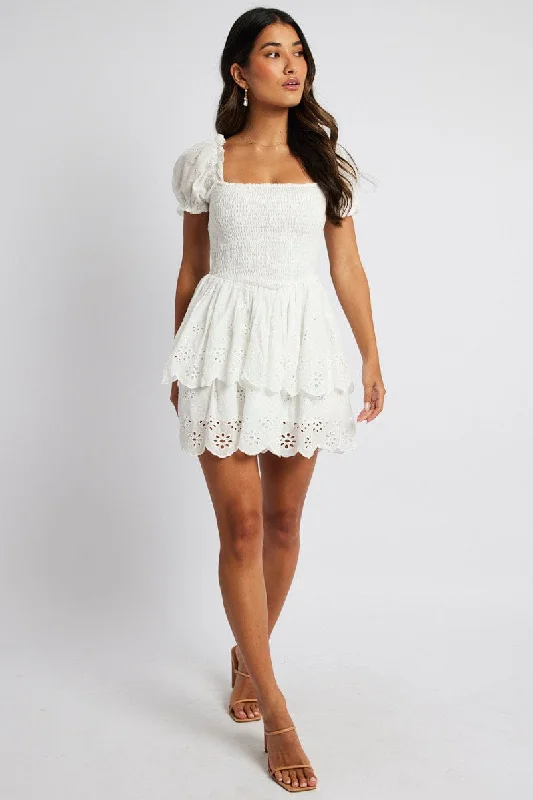 White Fit and Flare Dress Short Sleeve Embroidered