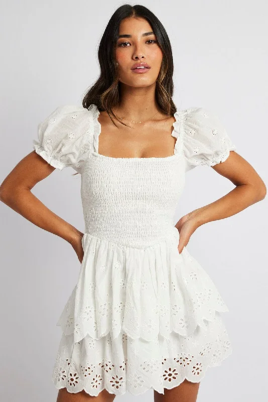 White Fit and Flare Dress Short Sleeve Embroidered