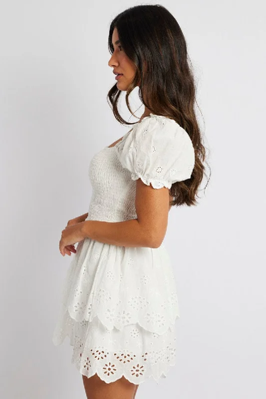 White Fit and Flare Dress Short Sleeve Embroidered