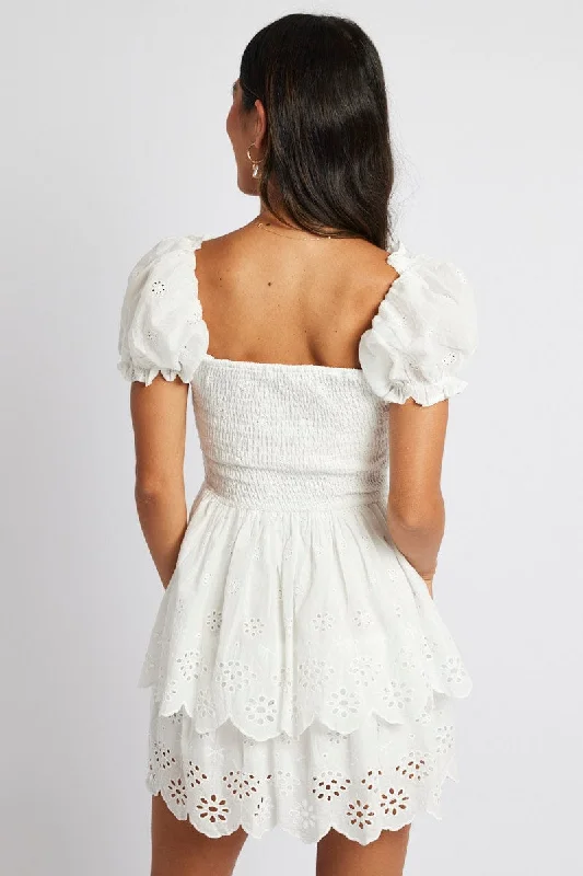 White Fit and Flare Dress Short Sleeve Embroidered