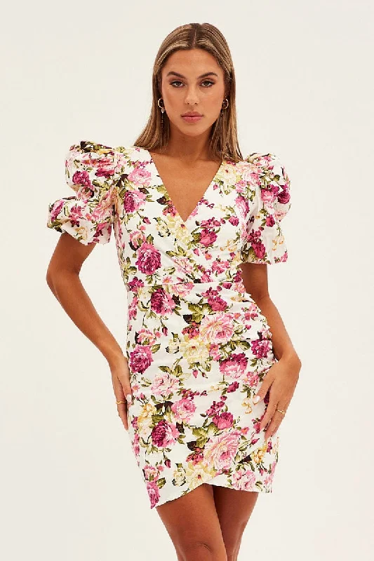 White Floral Mini Dress Puff Sleeve V-Neck