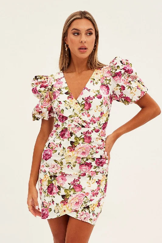 White Floral Mini Dress Puff Sleeve V-Neck