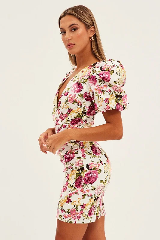 White Floral Mini Dress Puff Sleeve V-Neck