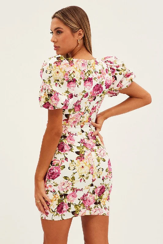 White Floral Mini Dress Puff Sleeve V-Neck