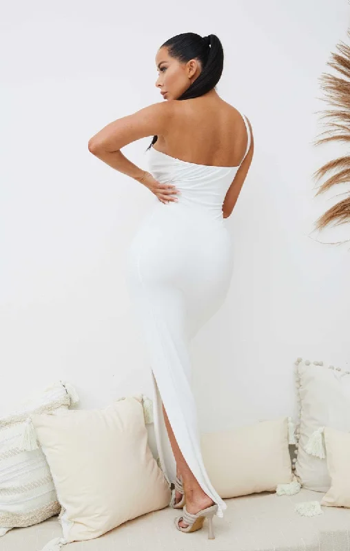 White One Shoulder Asymmetric Side Slit Bodycon Maxi Dress - Zaria