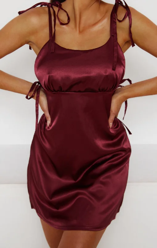 Wine Satin Ruched Bust Tie Detail Mini Dress - Azaria