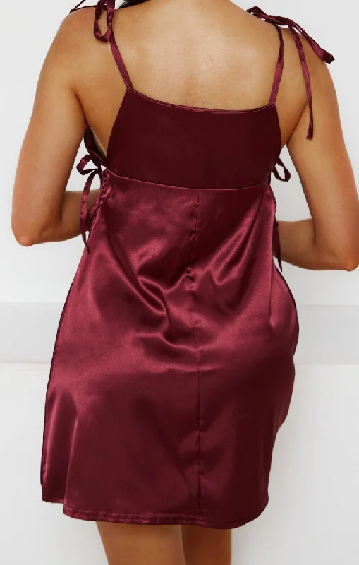 Wine Satin Ruched Bust Tie Detail Mini Dress - Azaria