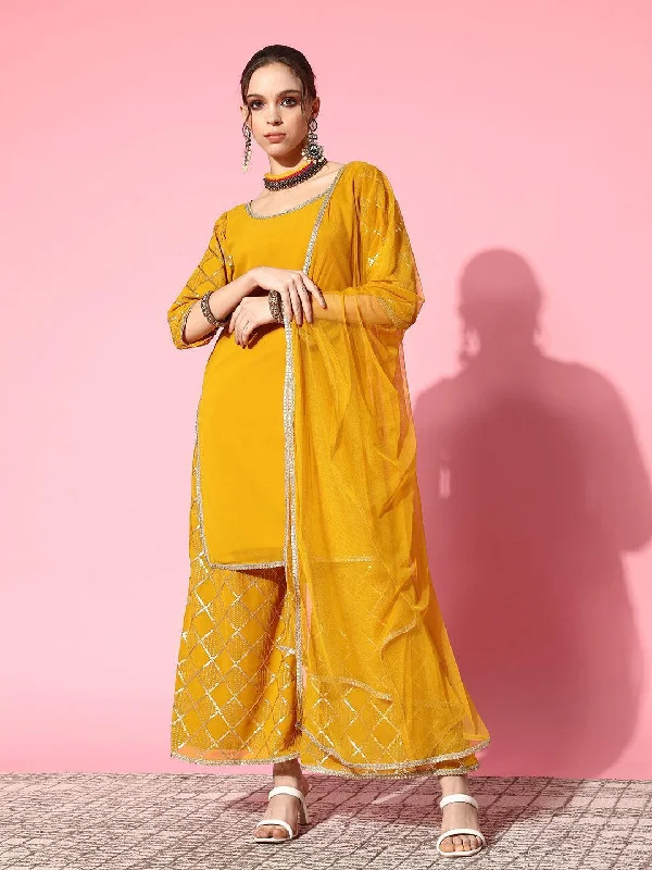 Yellow Solid Georgette Straight Kurta With Palazzos & Dupatta