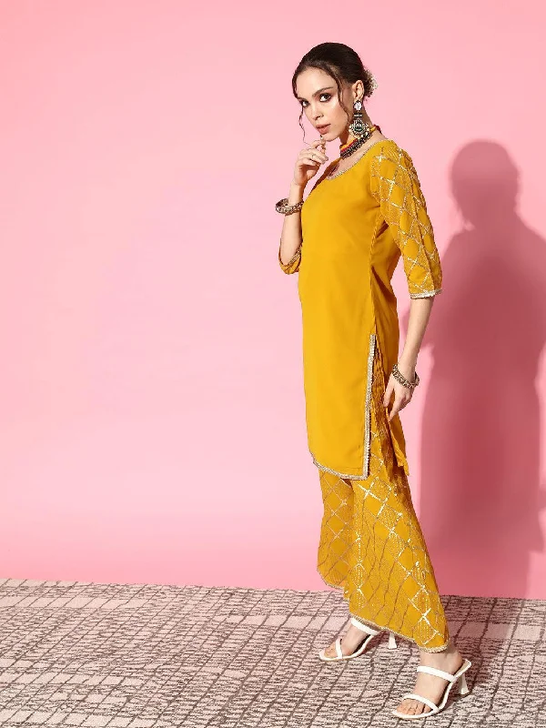 Yellow Solid Georgette Straight Kurta With Palazzos & Dupatta