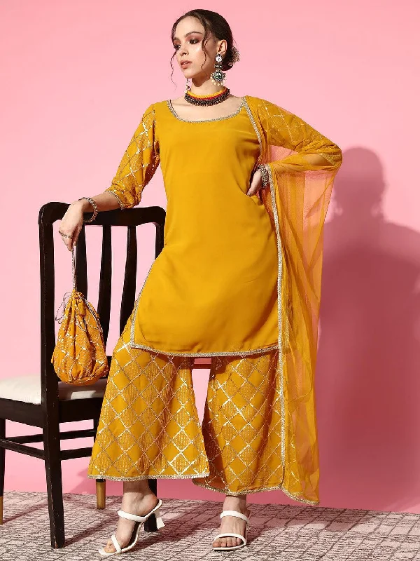 Yellow Solid Georgette Straight Kurta With Palazzos & Dupatta