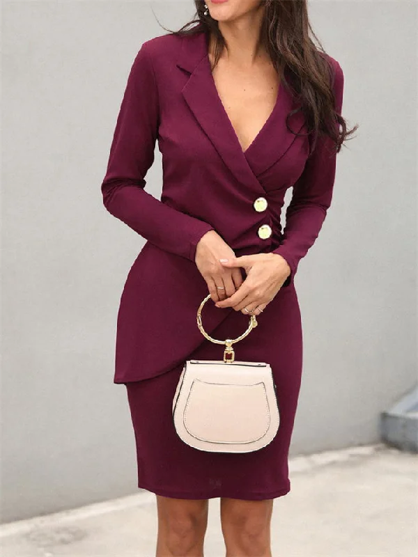 Autumn Solid Color Slim Professional Dress Burst Temperament Commuting V-neck Irregular Women's Clothing