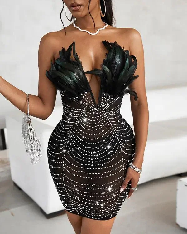 Bandeau Rhinestone Feather Detail Party Dress