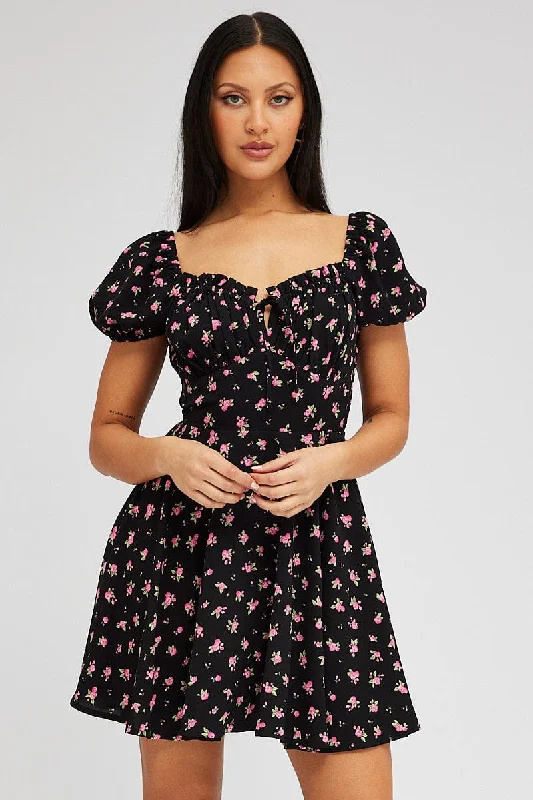 Black Floral Fit And Flare Dress Puff Sleeve Mini