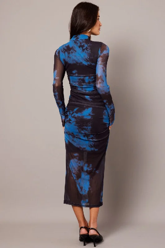 Blue Abstract Bodycon Dress Long Sleeve Mesh