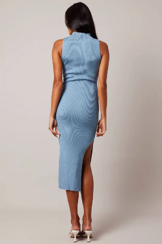 Blue Knit Dress High Neck Midi