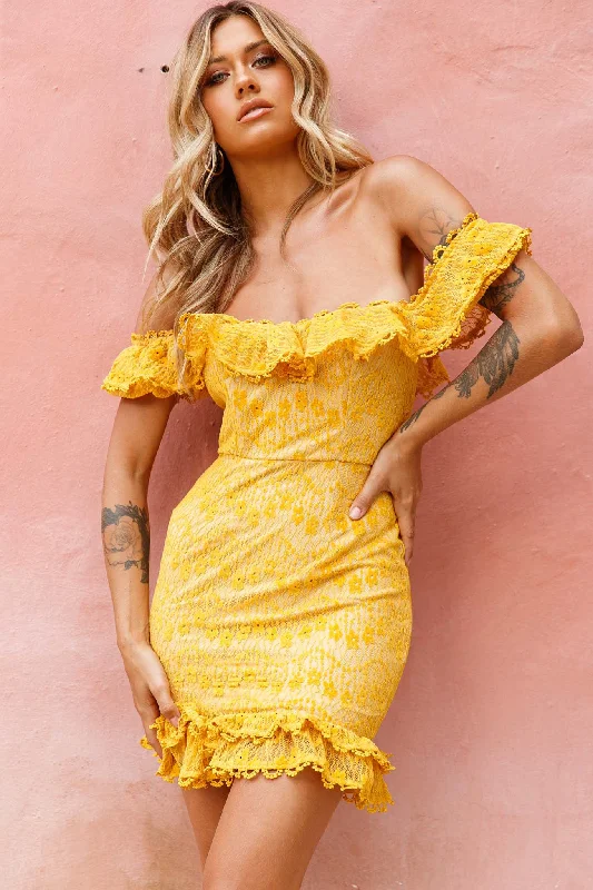 Bobby Bardot Neckline Floral Lace Overlay Dress Mustard