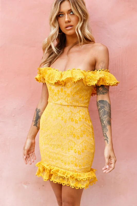 Bobby Bardot Neckline Floral Lace Overlay Dress Mustard