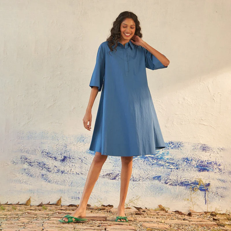 Cotton Flowy Mini Dress for Women | Blue