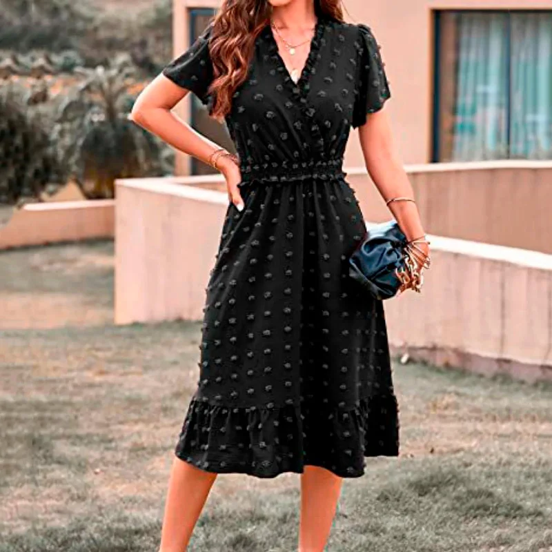 Dot Short Sleeve V Neck 2024 Summer Women's Midi Boho Dress