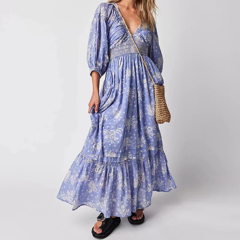 Chiffon Tiered Swing Deep V Neck Puff Sleeve Women's Boho Dress