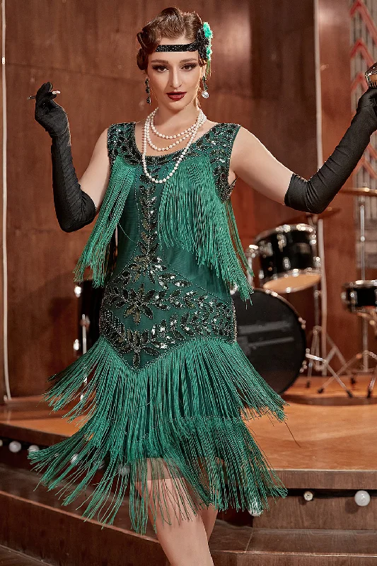 Dark Green Gatsby 1920s Dress with Sequins and Fringes