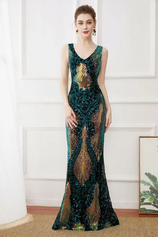 Dark Green Sequins Sheath Long 1920s Dress