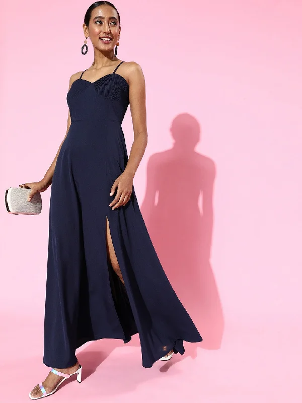 Berrylush Women Solid Navy Blue Sweetheart Neck Thigh-High Slit Flared Maxi Dress