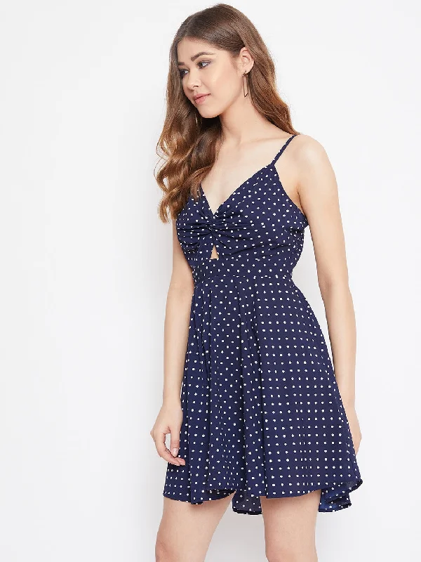 Berrylush Women Navy Blue Polka Dot Printed Front Twist Knot Backless Fit & Flare Mini Dress