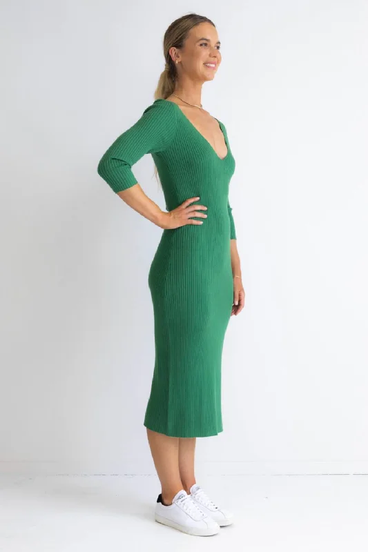 Equinox Kelly Green Half Sleeve V Neck Tie Back Rib Knit Midi Dress