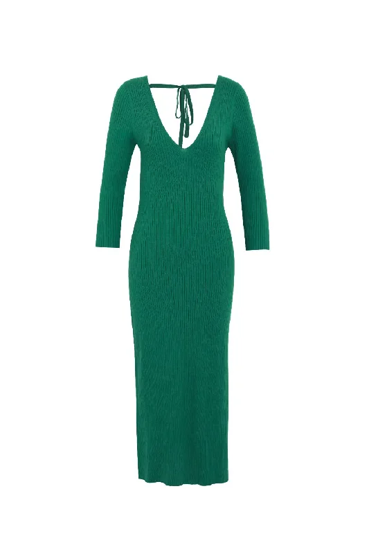 Equinox Kelly Green Half Sleeve V Neck Tie Back Rib Knit Midi Dress