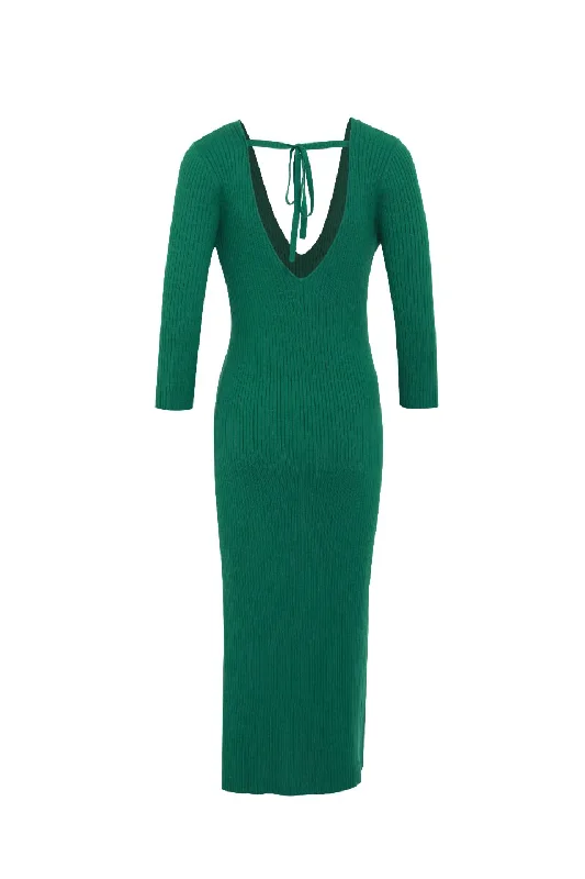 Equinox Kelly Green Half Sleeve V Neck Tie Back Rib Knit Midi Dress