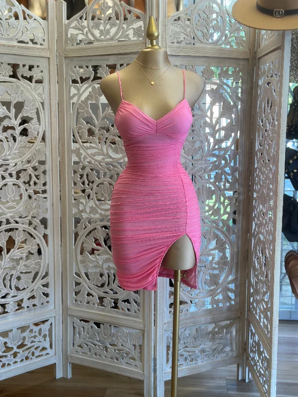 Flamingo Pink Slit Mini Dress